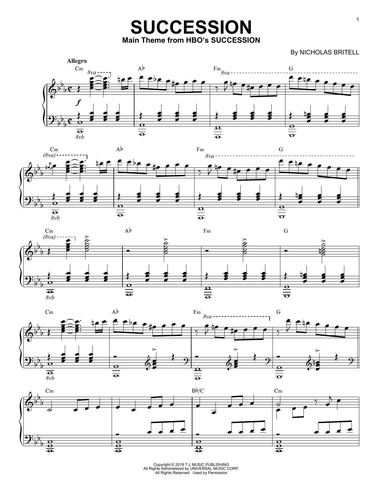 Nicholas Britell Succession Theme sheet music notes and chords arranged for Piano Solo