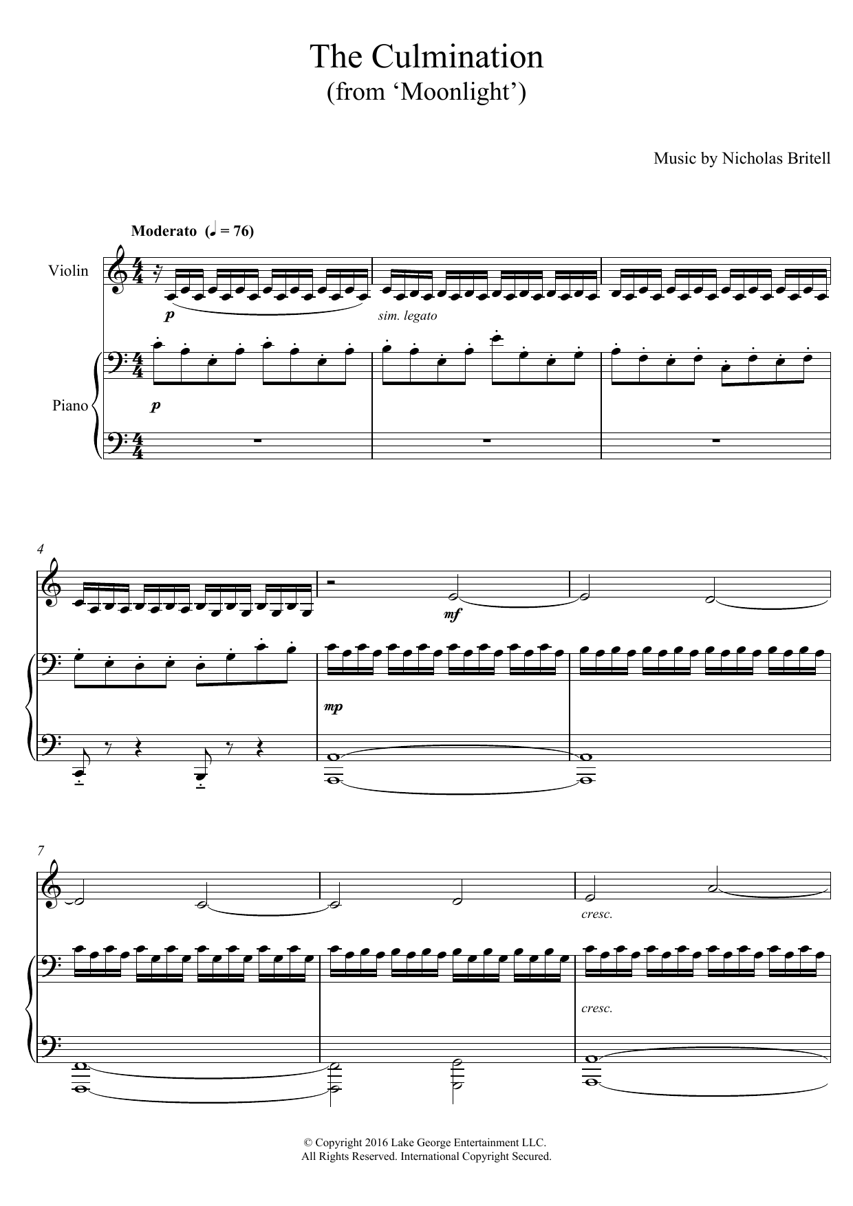 Nicholas Britell The Culmination (from 'Moonlight') sheet music notes and chords arranged for Violin Solo