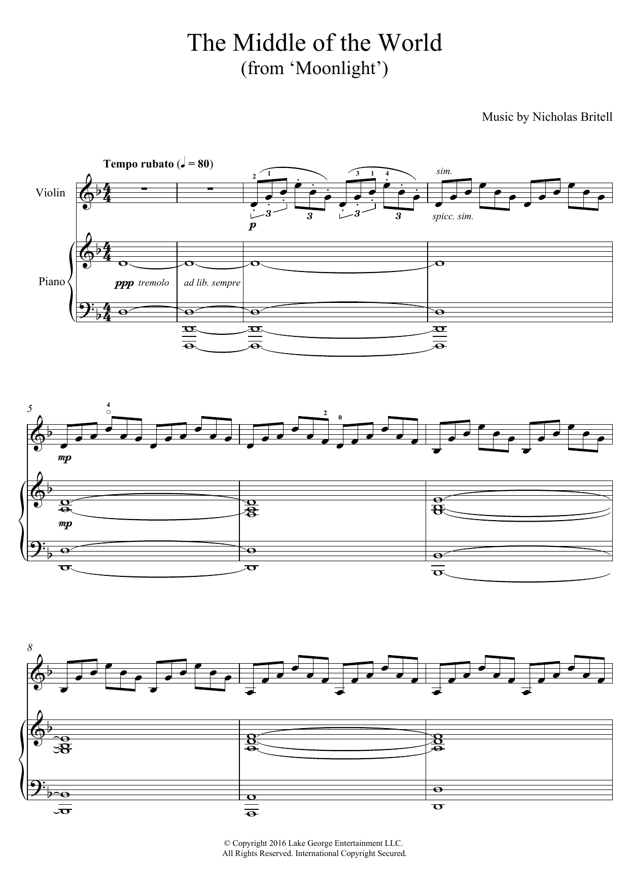 Nicholas Britell The Middle Of The World (from 'Moonlight') sheet music notes and chords arranged for Violin Solo