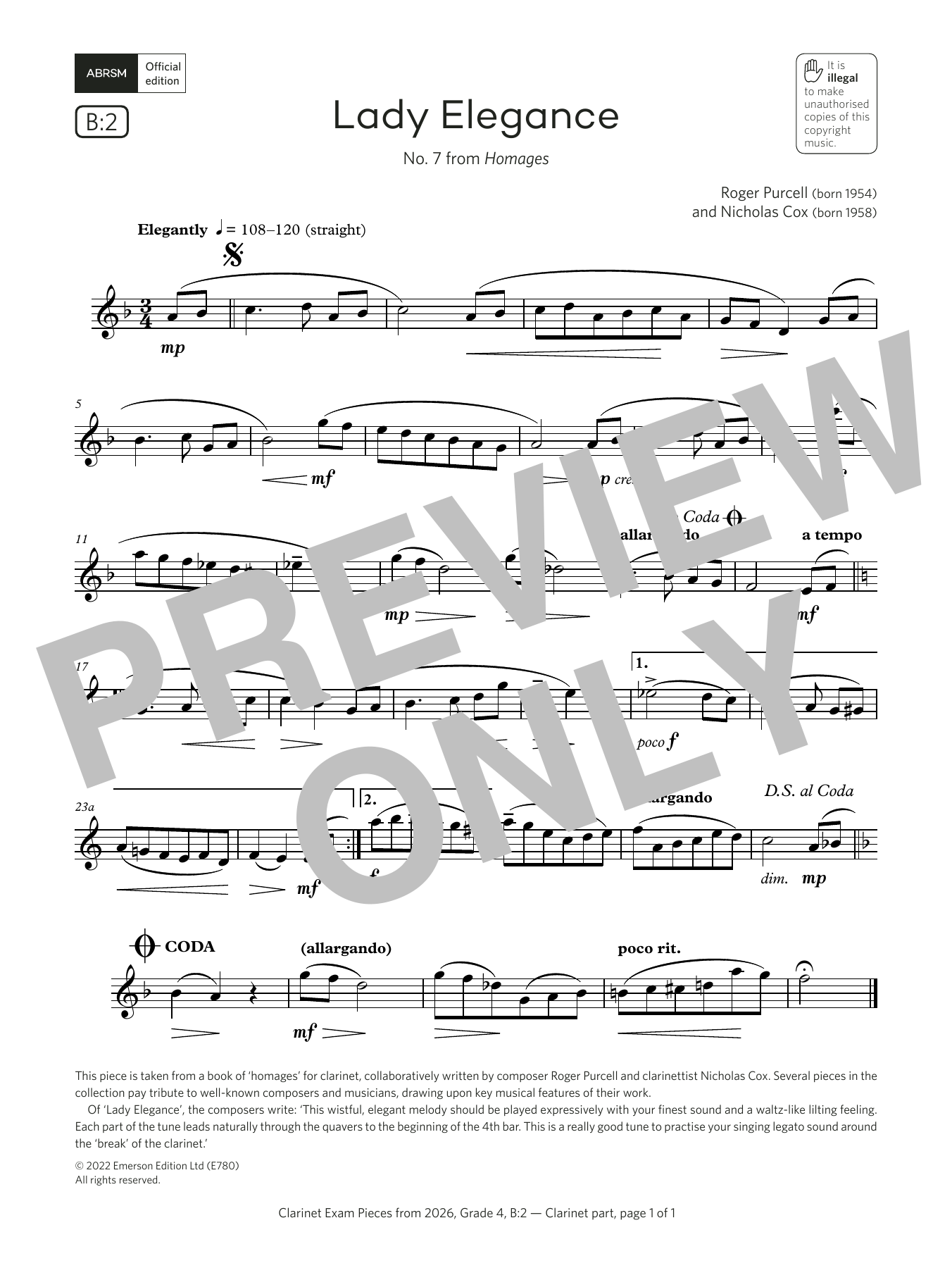 Nicholas Cox Lady Elegance (Grade 4, list B2, from the ABRSM Clarinet Syllabus from 2026) sheet music notes and chords arranged for Clarinet Solo