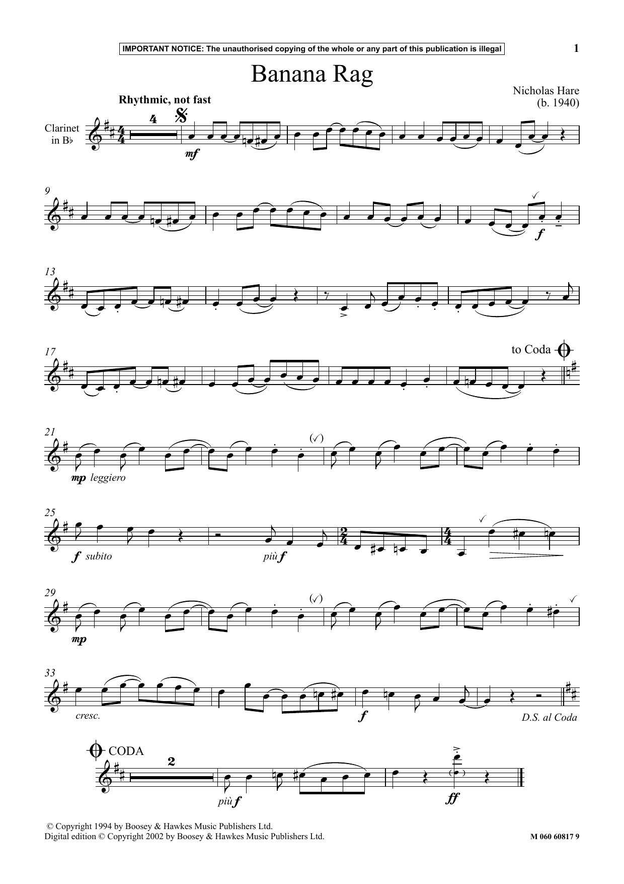 Nicholas Hare Banana Rag sheet music notes and chords arranged for Instrumental Solo