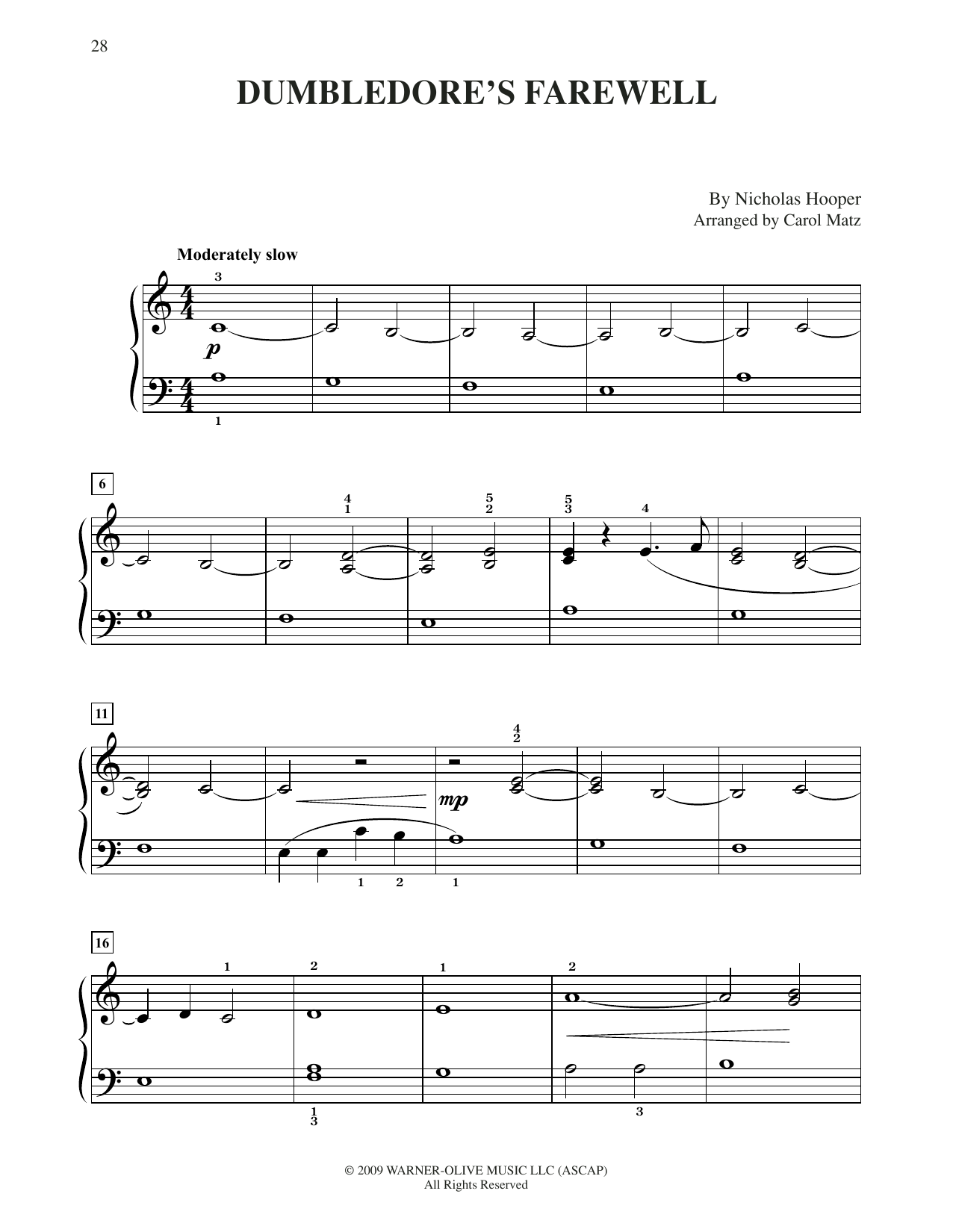 Nicholas Hooper Dumbledore's Farewell (from Harry Potter) (arr. Carol Matz) sheet music notes and chords arranged for Big Note Piano
