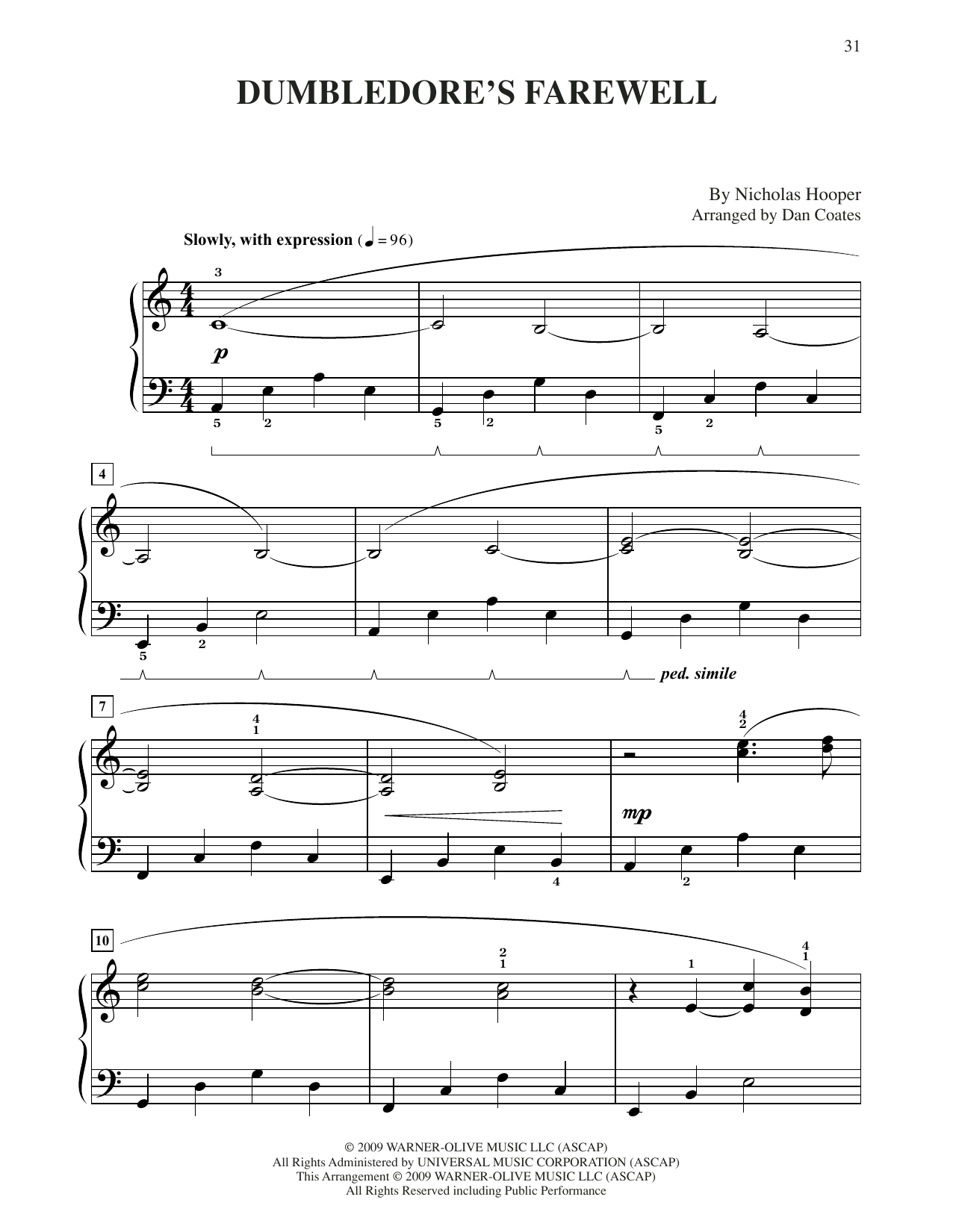 Nicholas Hooper Dumbledore's Farewell (from Harry Potter) (arr. Dan Coates) sheet music notes and chords arranged for Easy Piano