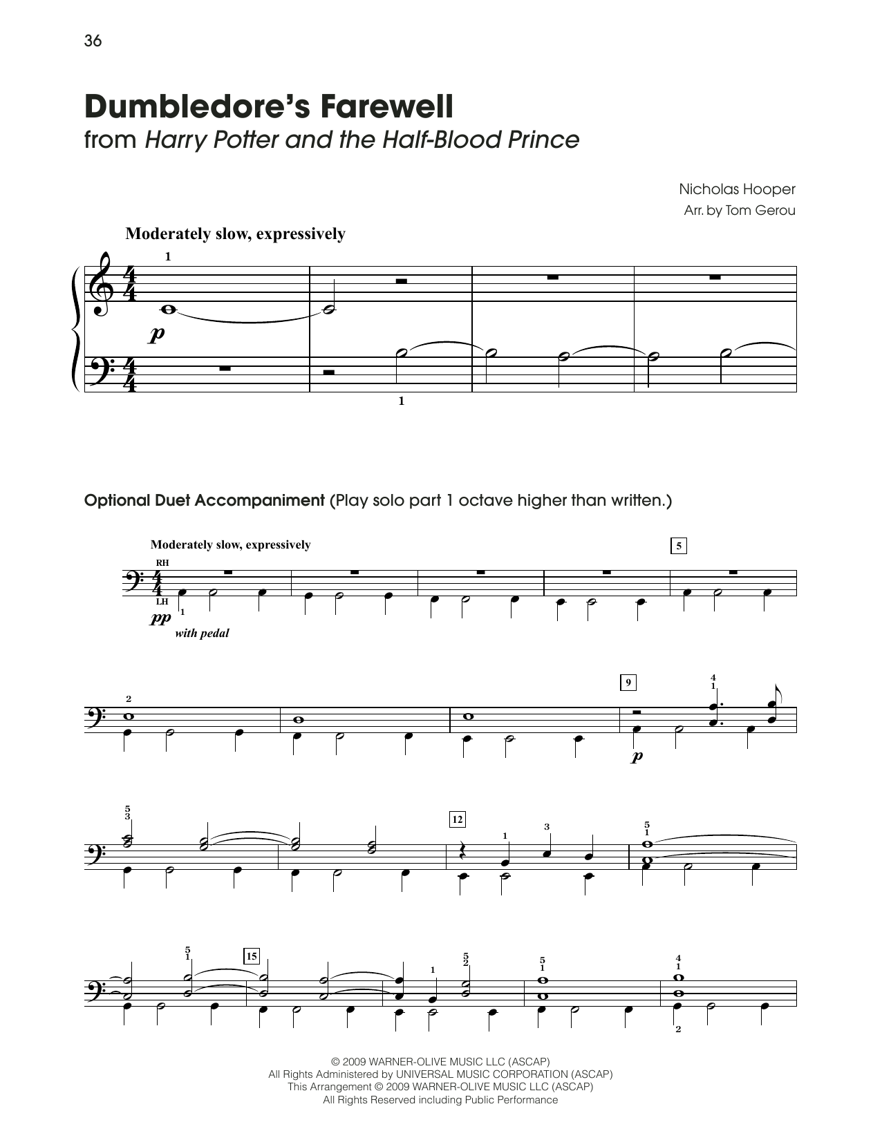 Nicholas Hooper Dumbledore's Farewell (from Harry Potter) (arr. Tom Gerou) sheet music notes and chords arranged for 5-Finger Piano