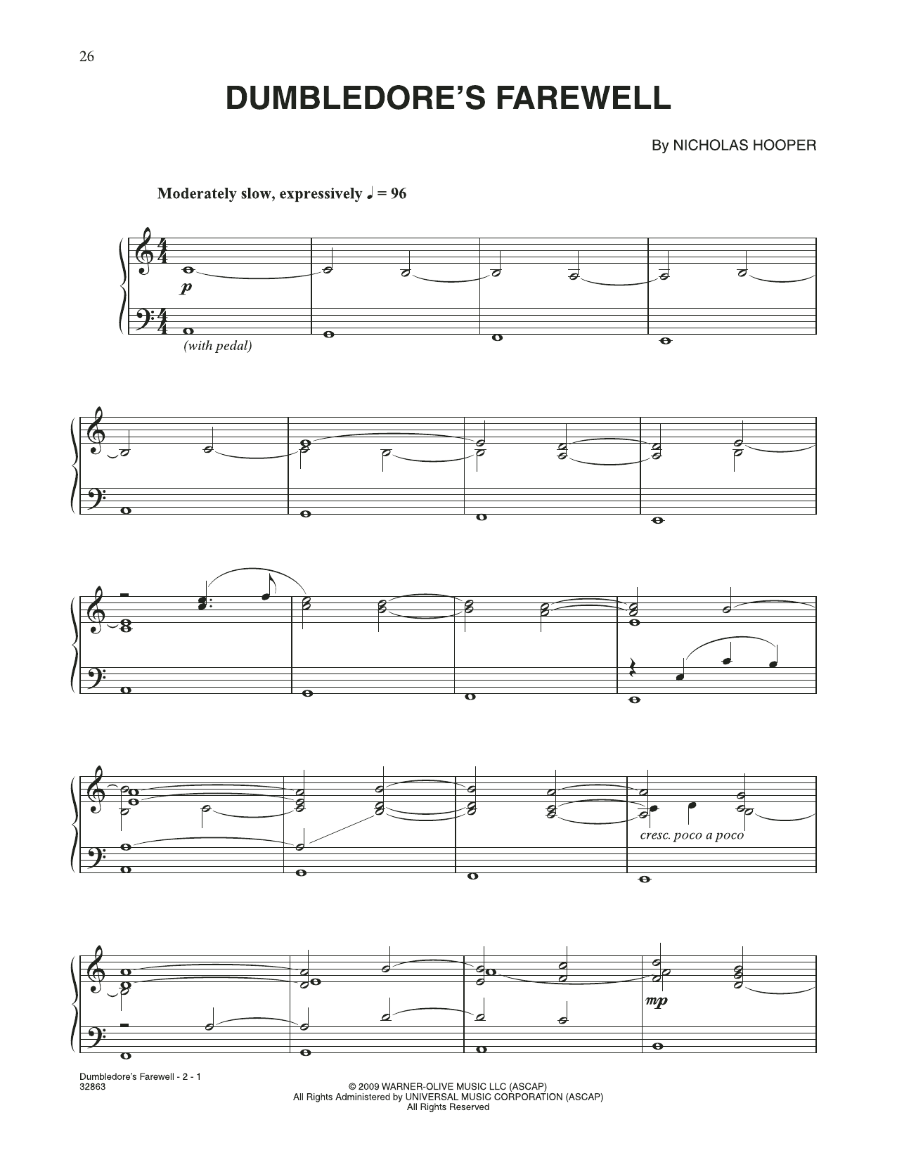 Nicholas Hooper Dumbledore's Farewell (from Harry Potter) sheet music notes and chords arranged for Piano Solo
