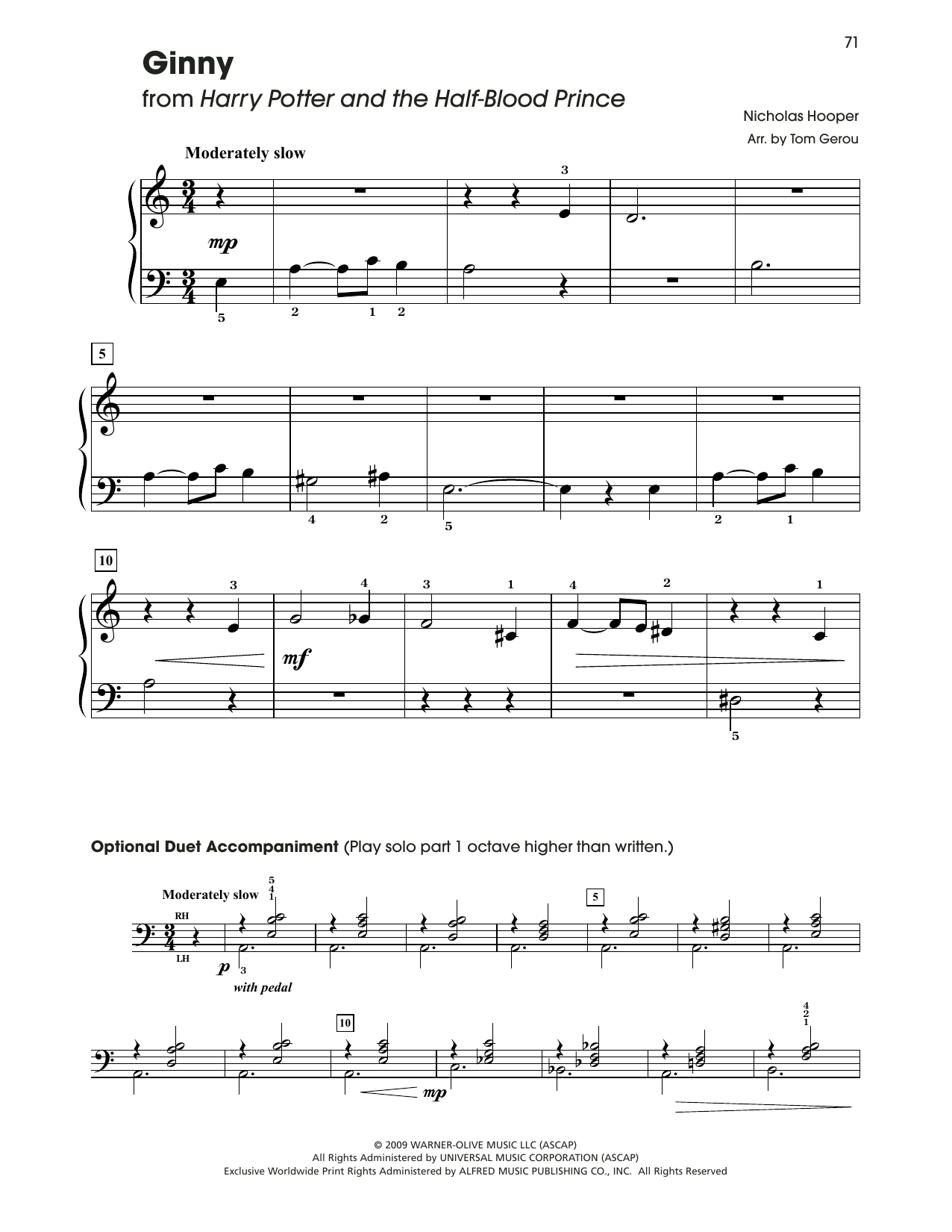 Nicholas Hooper Ginny (from Harry Potter) (arr. Tom Gerou) sheet music notes and chords arranged for 5-Finger Piano
