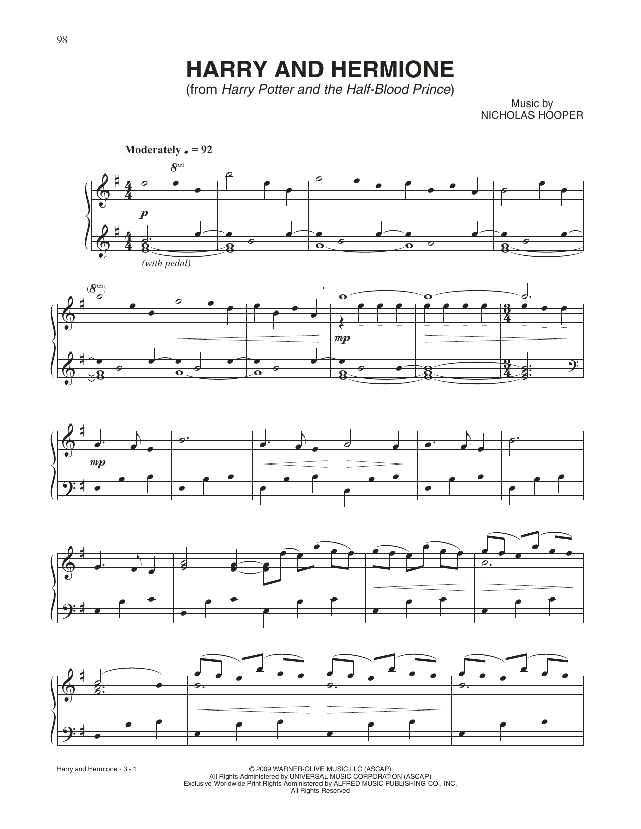 Nicholas Hooper Harry & Hermione (from Harry Potter And The Half-Blood Prince) sheet music notes and chords arranged for Piano Solo