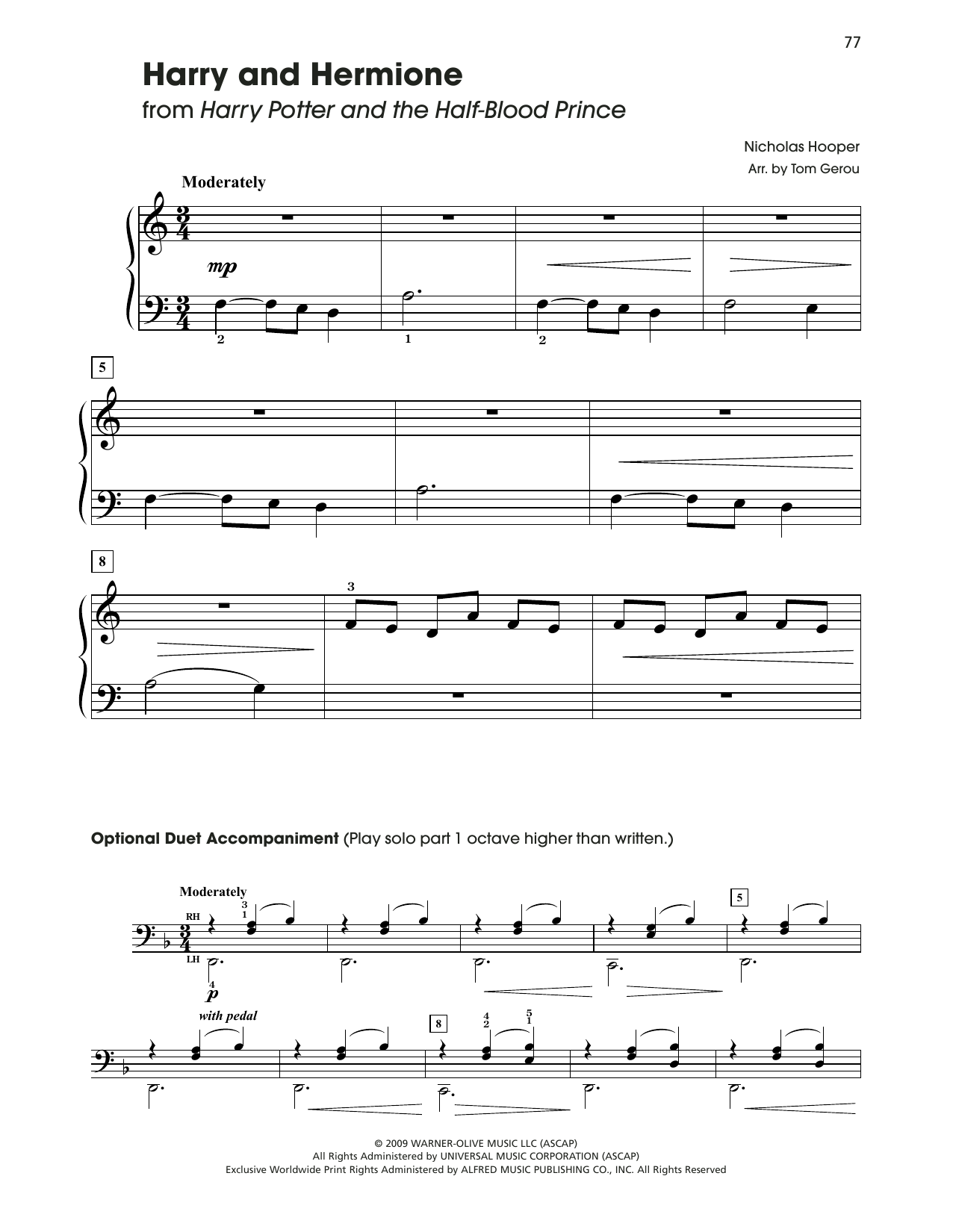 Nicholas Hooper Harry & Hermione (from Harry Potter) (arr. Tom Gerou) sheet music notes and chords arranged for 5-Finger Piano
