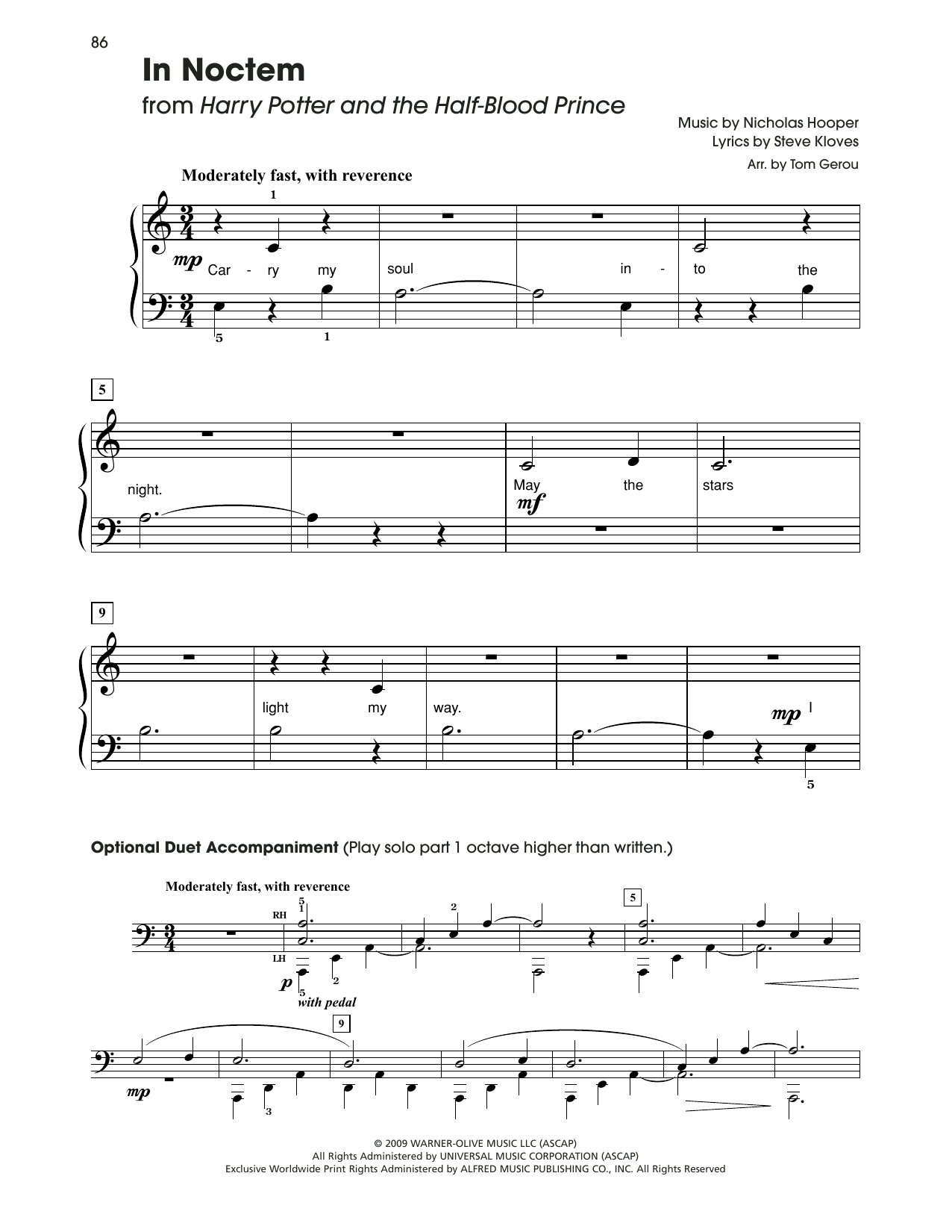 Nicholas Hooper In Noctem (from Harry Potter) (arr. Tom Gerou) sheet music notes and chords arranged for 5-Finger Piano