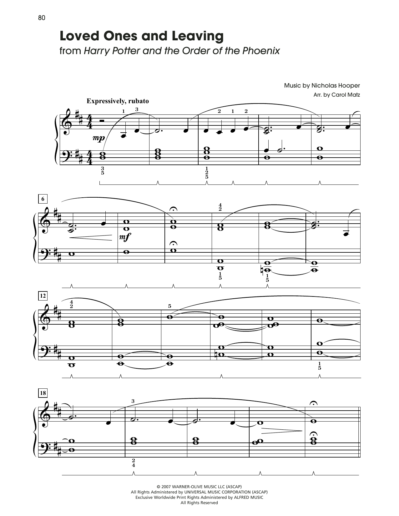 Nicholas Hooper Loved Ones And Leaving (from Harry Potter) (arr. Carol Matz) sheet music notes and chords arranged for Big Note Piano