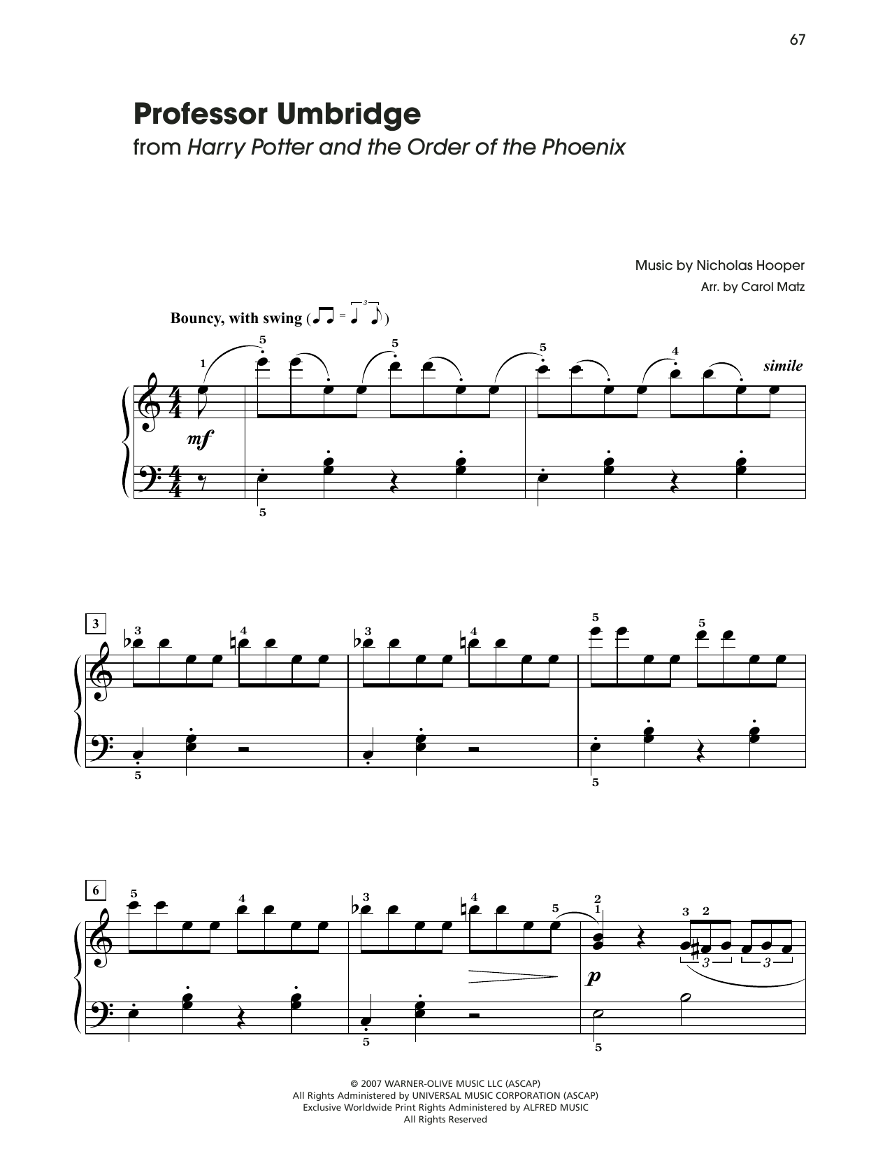 Nicholas Hooper Professor Umbridge (from Harry Potter And The Order Of The Phoenix) (arr. Carol Matz) sheet music notes and chords arranged for Big Note Piano