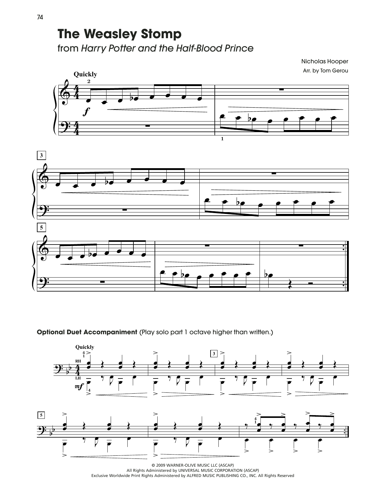 Nicholas Hooper The Weasley Stomp (from Harry Potter) (arr. Tom Gerou) sheet music notes and chords arranged for 5-Finger Piano