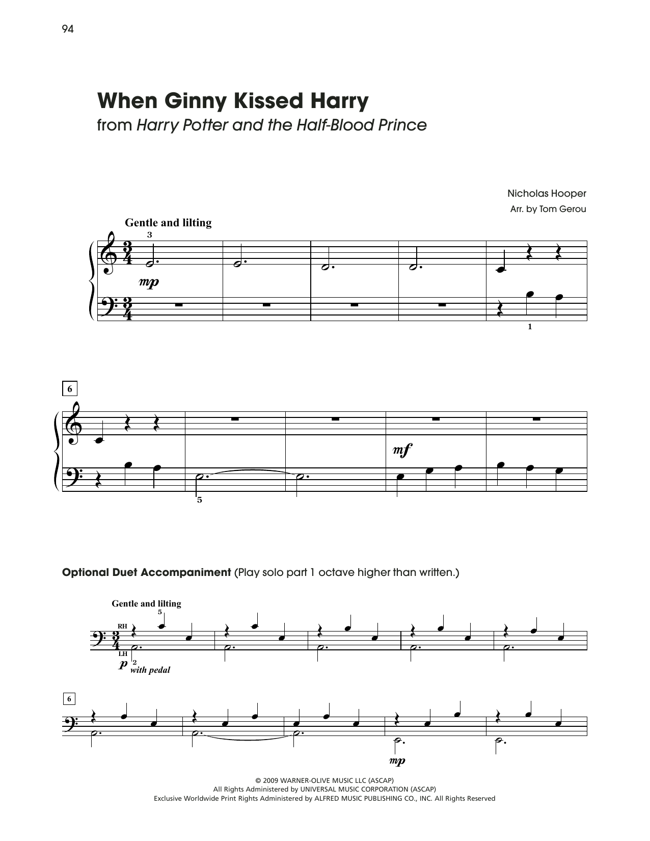 Nicholas Hooper When Ginny Kissed Harry (from Harry Potter) (arr. Tom Gerou) sheet music notes and chords arranged for 5-Finger Piano