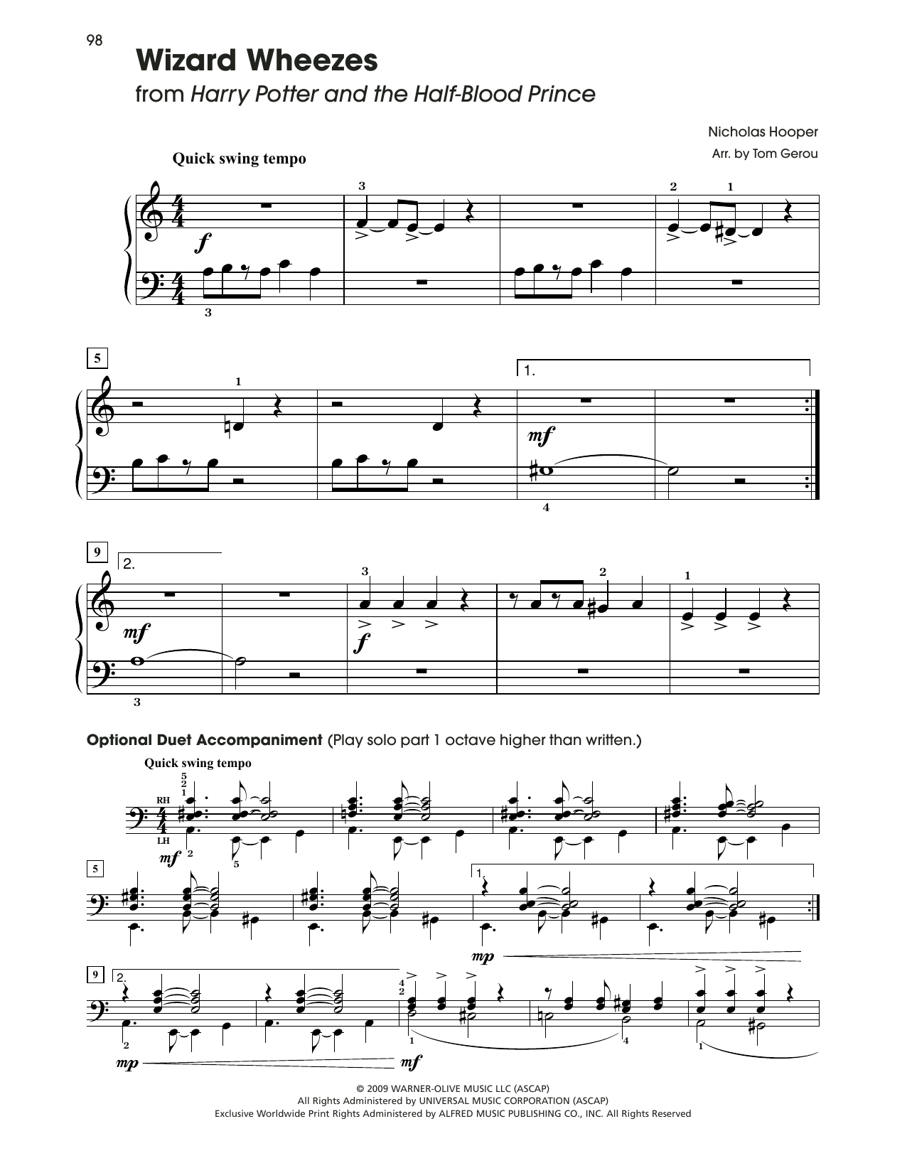 Nicholas Hooper Wizard Wheezes (from Harry Potter) (arr. Tom Gerou) sheet music notes and chords arranged for 5-Finger Piano