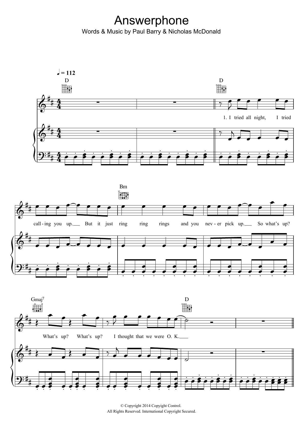 Nicholas McDonald Answerphone sheet music notes and chords arranged for Piano, Vocal & Guitar Chords