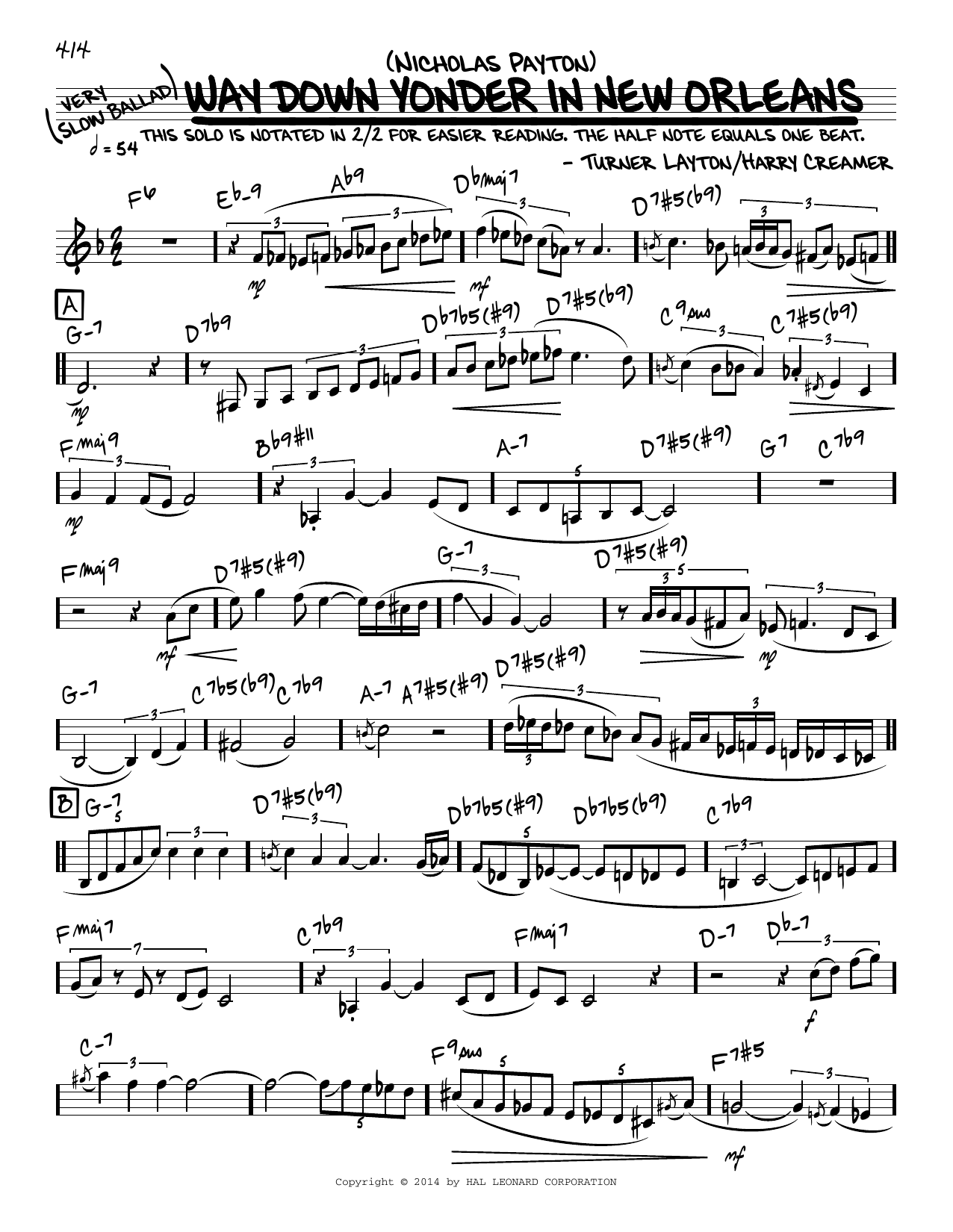 Nicholas Payton 'Way Down Yonder In New Orleans (solo only) sheet music notes and chords arranged for Real Book – Melody & Chords