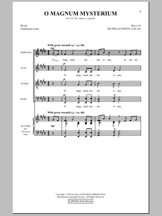 Nicholas White O Magnum Mysterium sheet music notes and chords arranged for SATB Choir