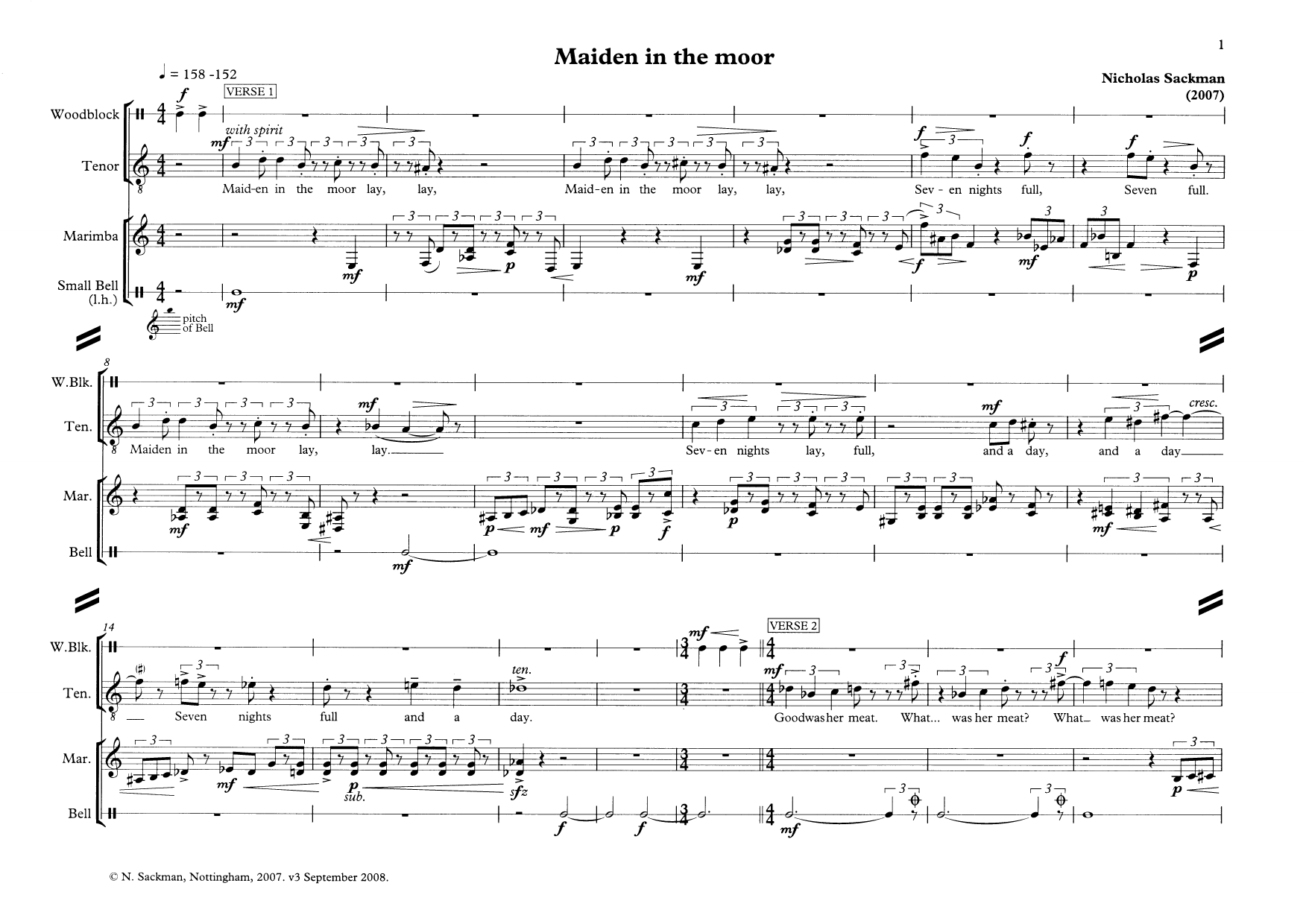 Nicholas Sackman Maiden in the moor (for tenor and percussion) sheet music notes and chords arranged for Piano & Vocal