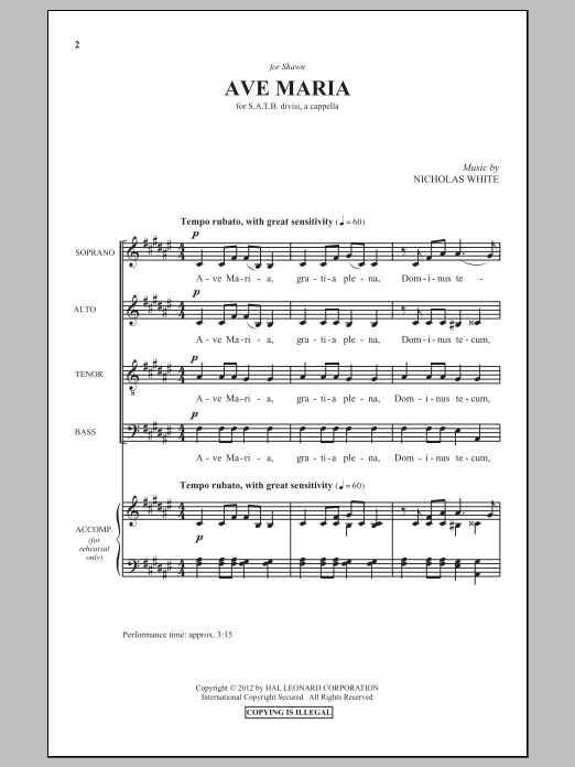 Nicholas White Ave Maria sheet music notes and chords arranged for SATB Choir