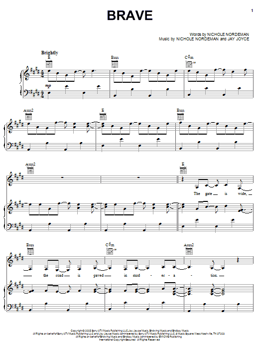 Nichole Nordeman Brave sheet music notes and chords arranged for Piano, Vocal & Guitar Chords (Right-Hand Melody)