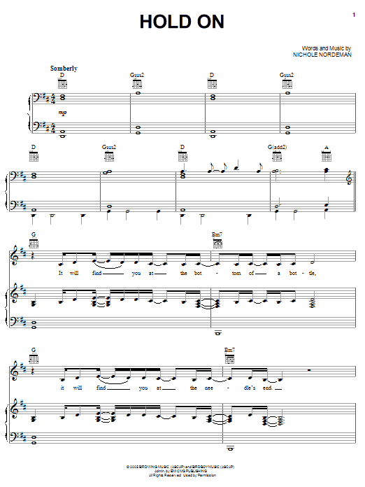 Nichole Nordeman Hold On sheet music notes and chords arranged for Piano, Vocal & Guitar Chords (Right-Hand Melody)