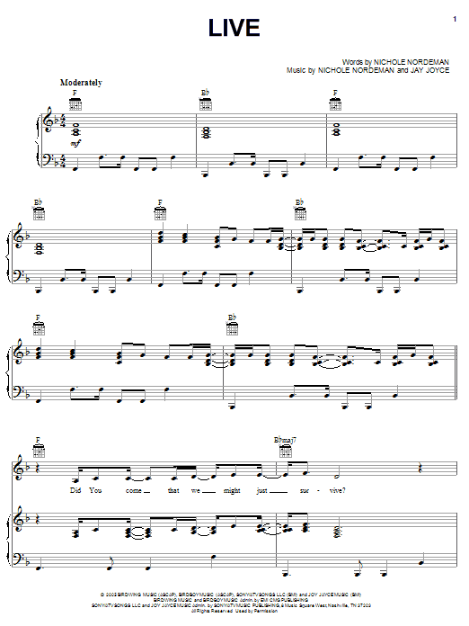Nichole Nordeman Live sheet music notes and chords arranged for Piano, Vocal & Guitar Chords (Right-Hand Melody)
