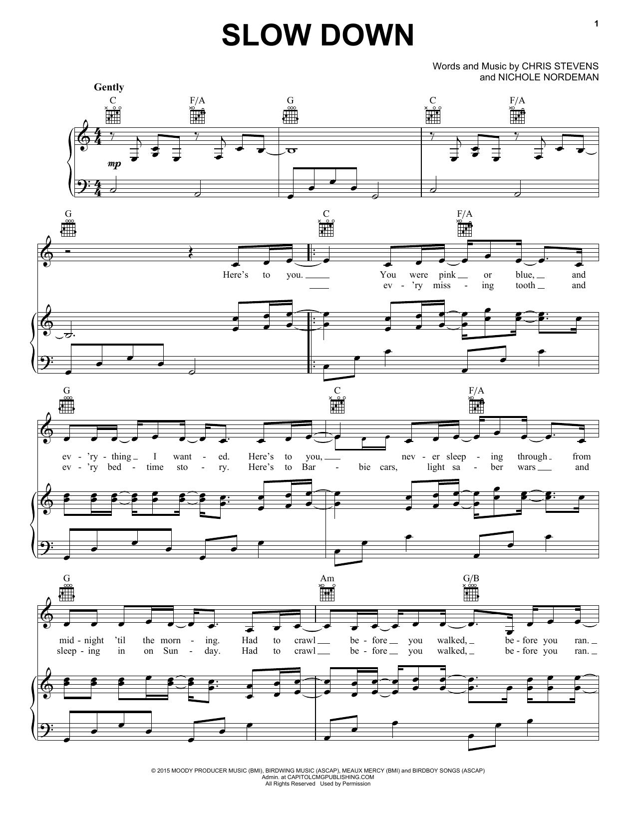 Nichole Nordeman Slow Down sheet music notes and chords arranged for Piano, Vocal & Guitar Chords (Right-Hand Melody)
