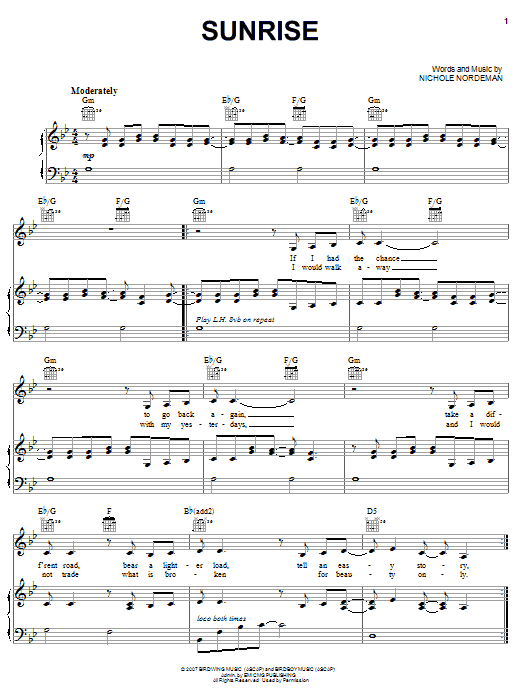 Nichole Nordeman Sunrise sheet music notes and chords arranged for Piano, Vocal & Guitar Chords (Right-Hand Melody)