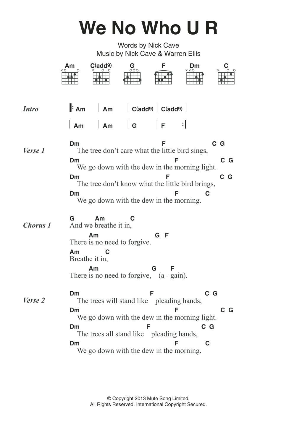 Nick Cave & The Bad Seeds We No Who U R sheet music notes and chords arranged for Guitar Chords/Lyrics