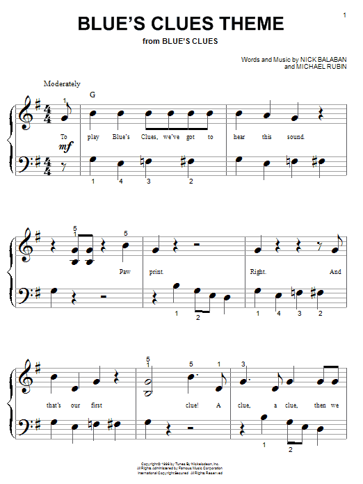 Nick Balaban Blue's Clues Theme sheet music notes and chords arranged for Piano, Vocal & Guitar Chords (Right-Hand Melody)