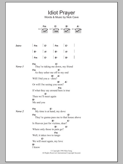 Nick Cave & The Bad Seeds Idiot Prayer sheet music notes and chords arranged for Guitar Chords/Lyrics