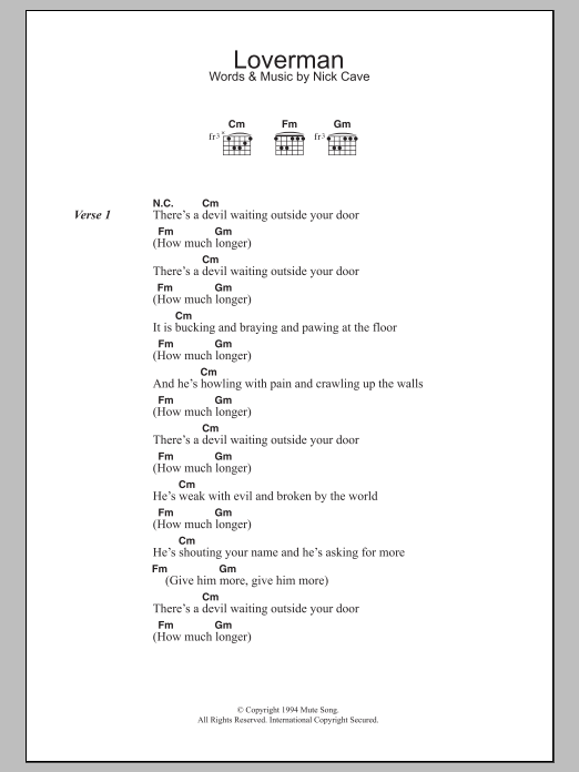 Nick Cave & The Bad Seeds Loverman sheet music notes and chords arranged for Guitar Chords/Lyrics