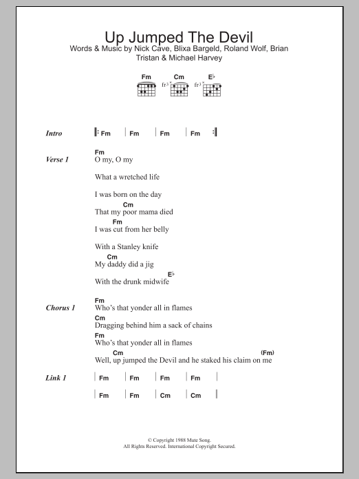 Nick Cave & The Bad Seeds Up Jumped The Devil sheet music notes and chords arranged for Guitar Chords/Lyrics