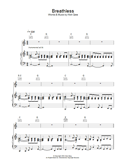 Nick Cave Breathless sheet music notes and chords arranged for Piano, Vocal & Guitar Chords