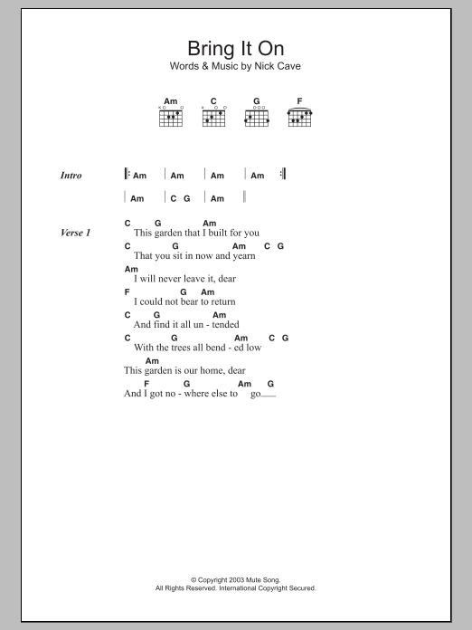 Nick Cave Bring It On sheet music notes and chords arranged for Guitar Chords/Lyrics
