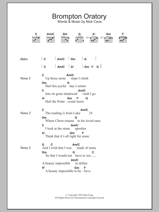 Nick Cave & The Bad Seeds Brompton Oratory sheet music notes and chords arranged for Guitar Chords/Lyrics
