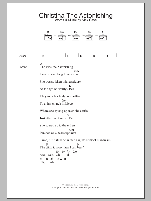 Nick Cave Christina The Astonishing sheet music notes and chords arranged for Guitar Chords/Lyrics