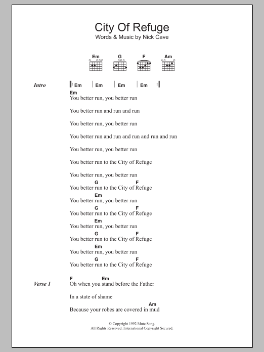 Nick Cave City Of Refuge sheet music notes and chords arranged for Guitar Chords/Lyrics