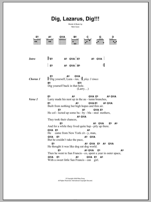 Nick Cave Dig, Lazarus, Dig!!! sheet music notes and chords arranged for Guitar Chords/Lyrics