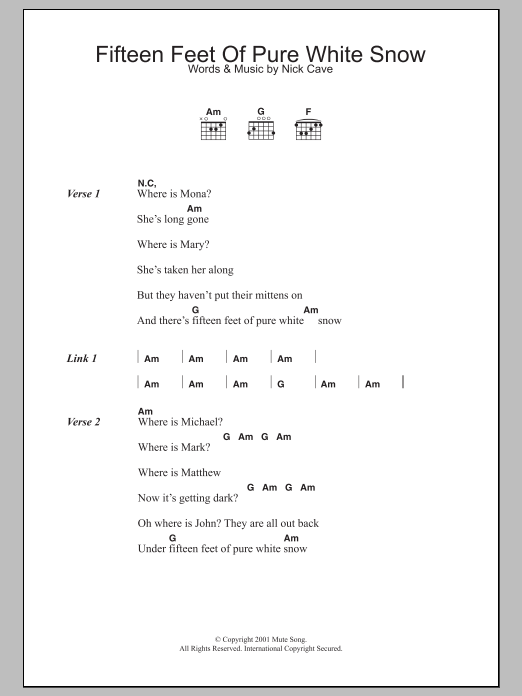 Nick Cave Fifteen Feet Of Pure White Snow sheet music notes and chords arranged for Guitar Chords/Lyrics