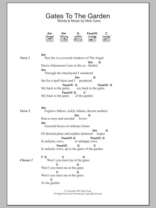 Nick Cave Gates To The Garden sheet music notes and chords arranged for Guitar Chords/Lyrics