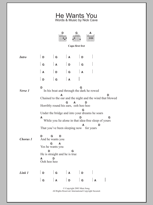 Nick Cave He Wants You sheet music notes and chords arranged for Guitar Chords/Lyrics