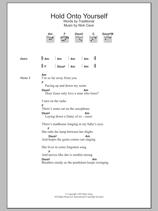 Nick Cave Hold On To Yourself sheet music notes and chords arranged for Guitar Chords/Lyrics