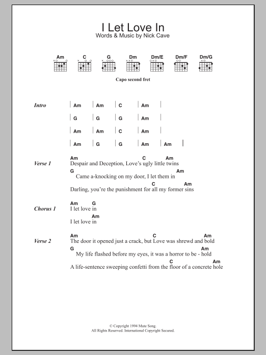 Nick Cave I Let Love In sheet music notes and chords arranged for Guitar Chords/Lyrics