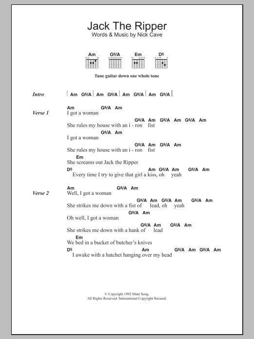 Nick Cave Jack The Ripper sheet music notes and chords arranged for Guitar Chords/Lyrics