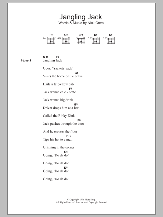 Nick Cave Jangling Jack sheet music notes and chords arranged for Guitar Chords/Lyrics