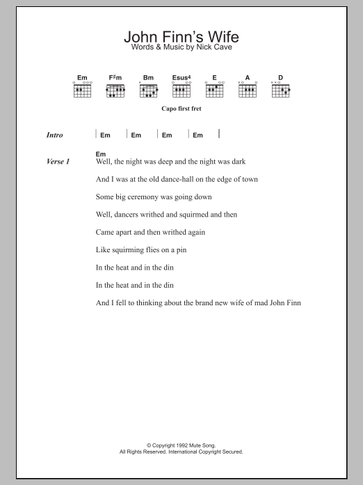 Nick Cave John Finn's Wife sheet music notes and chords arranged for Guitar Chords/Lyrics