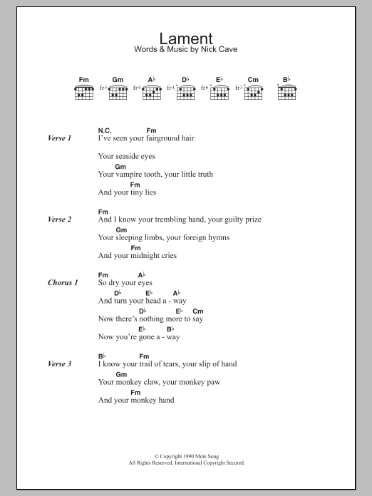Nick Cave Lament sheet music notes and chords arranged for Guitar Chords/Lyrics