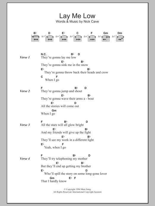 Nick Cave Lay Me Low sheet music notes and chords arranged for Guitar Chords/Lyrics