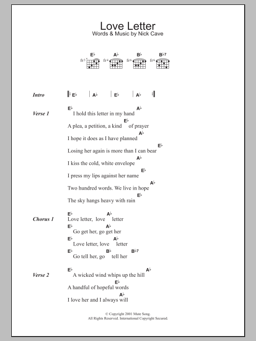 Nick Cave Love Letter sheet music notes and chords arranged for Guitar Chords/Lyrics